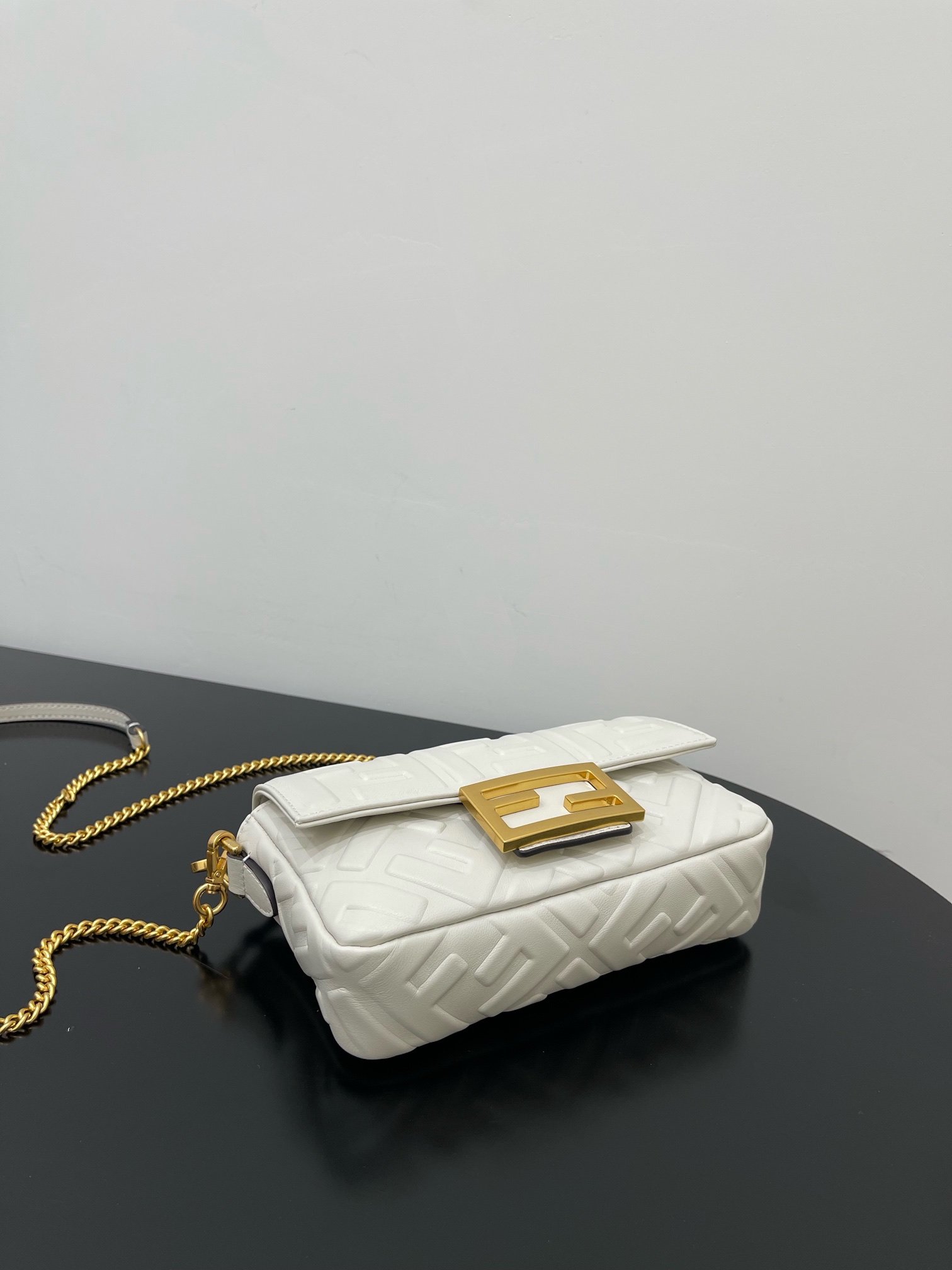 Fendi Mini Baguette Nappa Leather 3D-effect FF Shoulder Bag White 